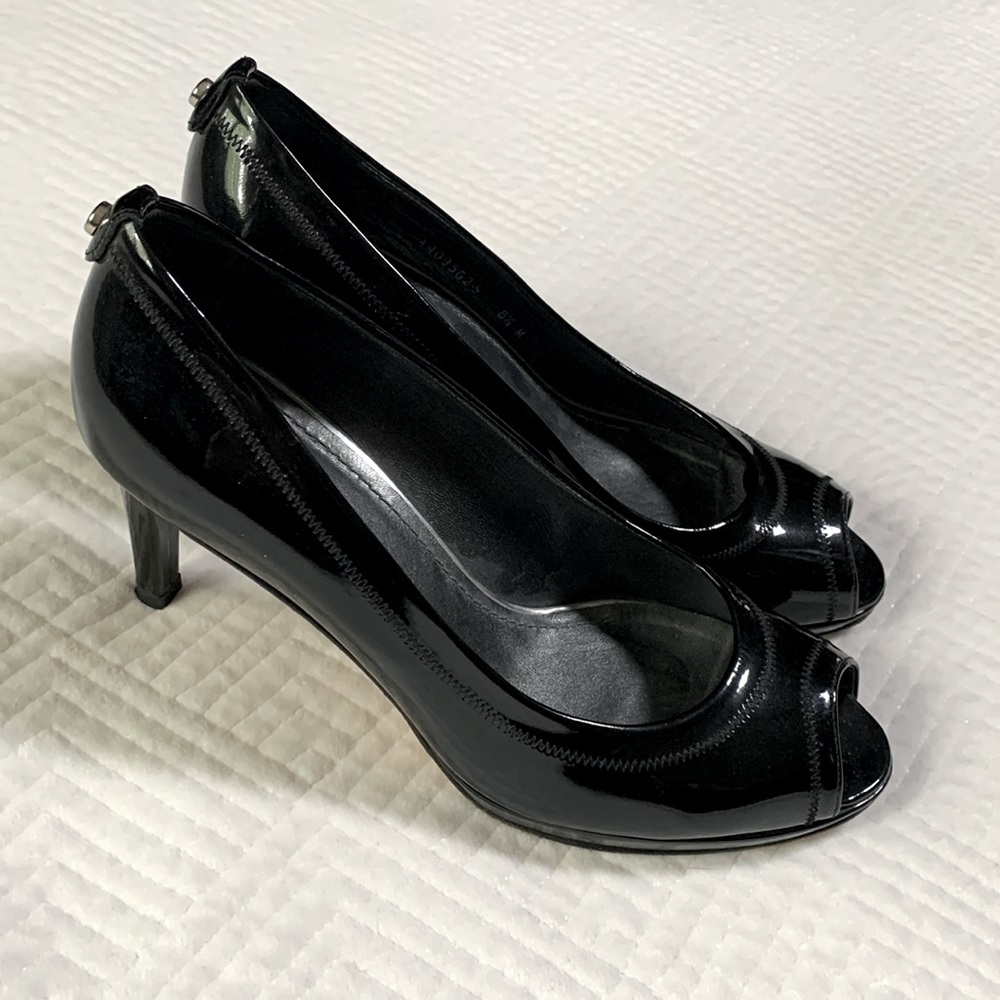Stuart Weitzman Black Patent Leather Peep Toe Heels, Size 8.5